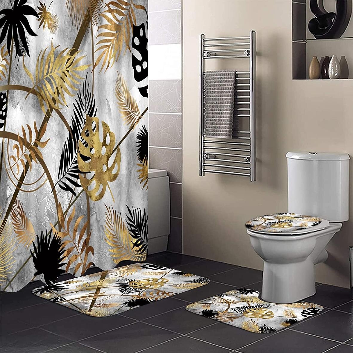 4Pcs Set Exotic Waterproof Shower Curtain Bath Mat Toilet Lid Cover Bathroom 