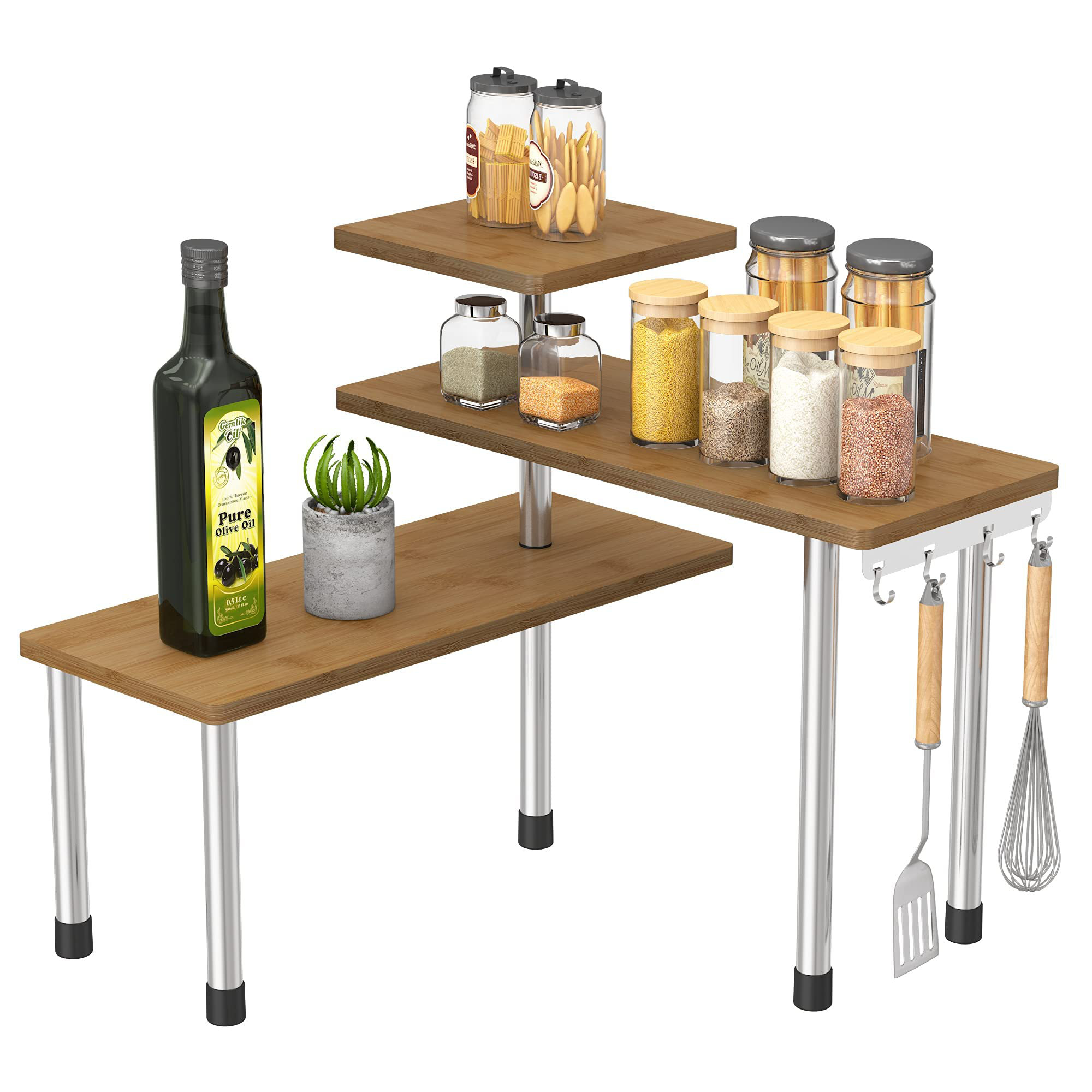 Latitude Run® Kitchen Corner Shelf Countertop Organizer 3 Tier Bamboo