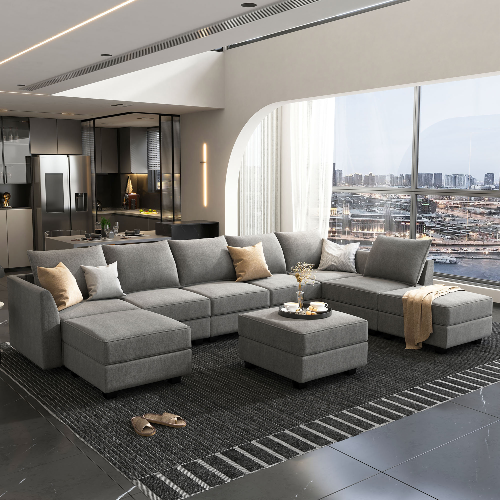 Honbay U Shaped Corner Sectional Sofa Oversized Modular Sofa Couch With Ottoman Grey