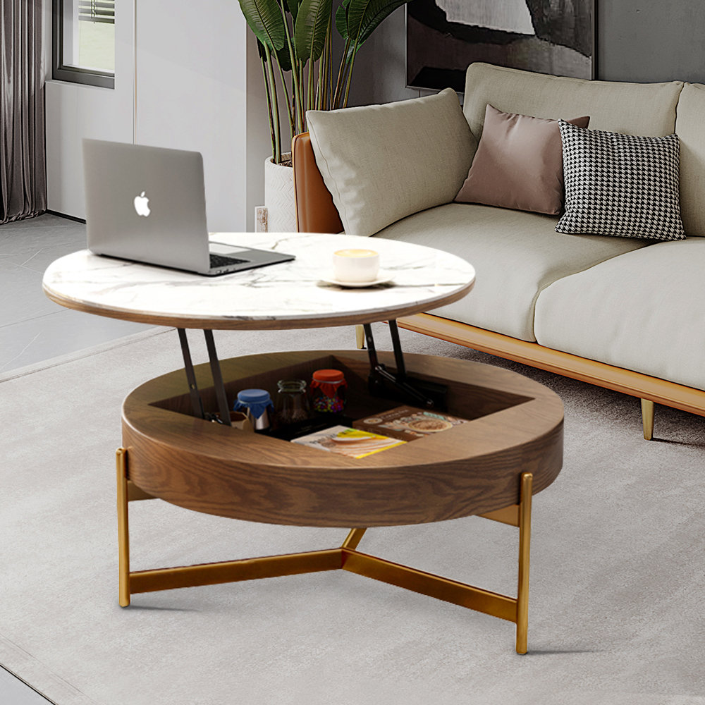 Mercer41 31" Liftingtop Round Coffee Table With Storage,sintered Stone Top, Carbon Steel Legs