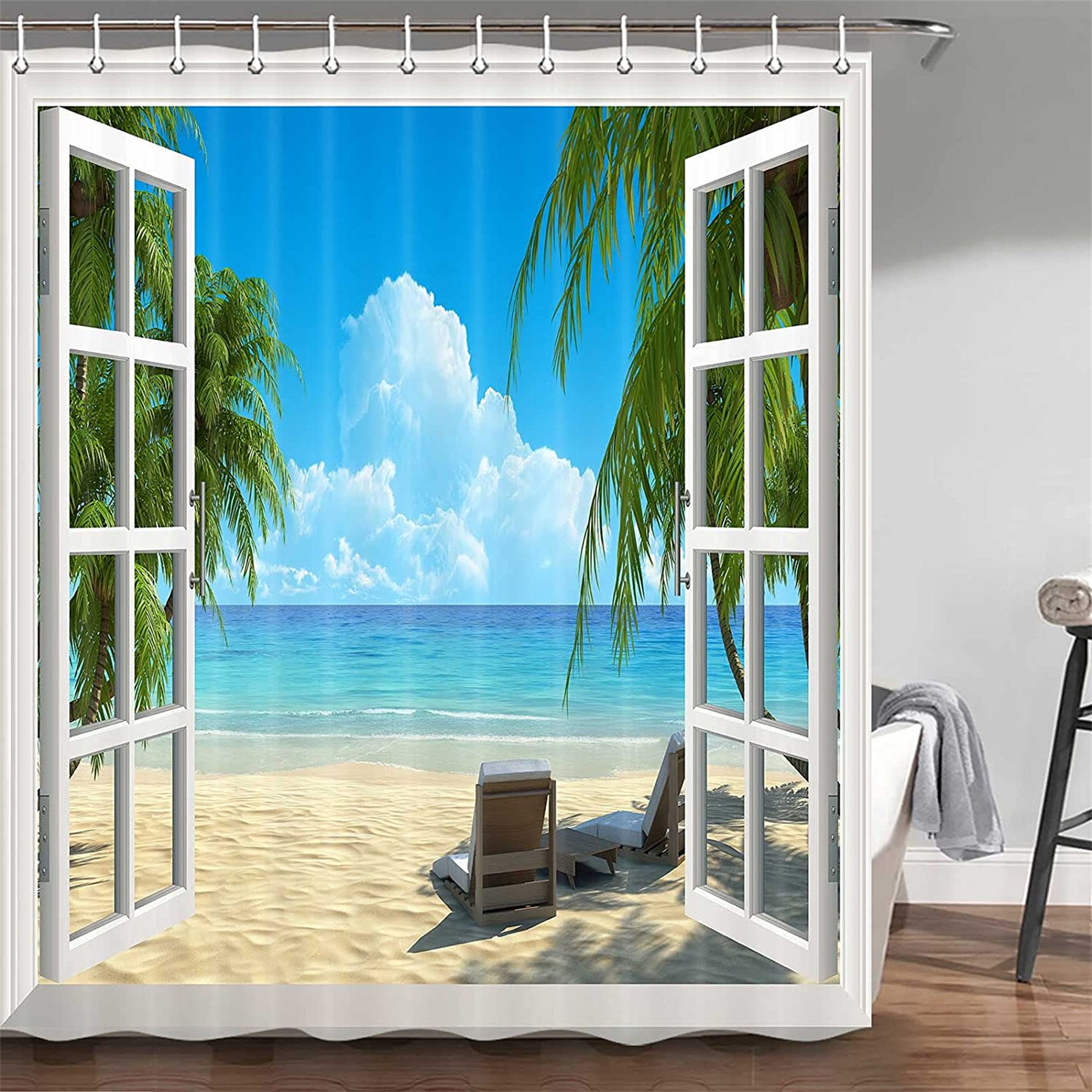 Summer Tropical Beach Shower Curtain Liner Bathroom Set Waterproof Fabric Hooks 