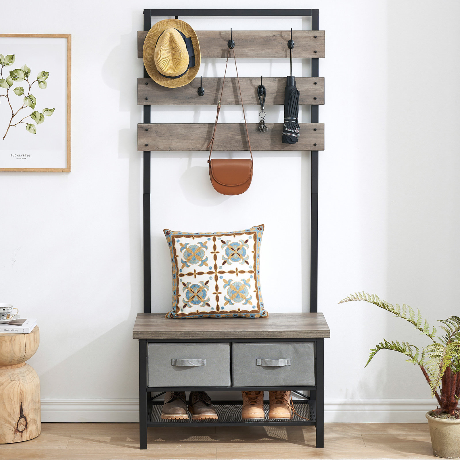 Gracie Oaks Muttaqi 31.5'' Wide Steel Hall Tree with Bench and Shoe Storage Wayfair