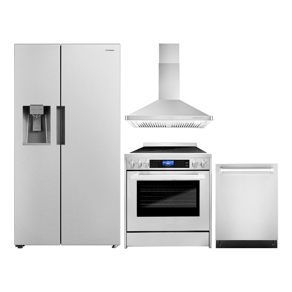 Cosmo 4 Piece Kitchen Appliance Package with Side By Side Refrigerator