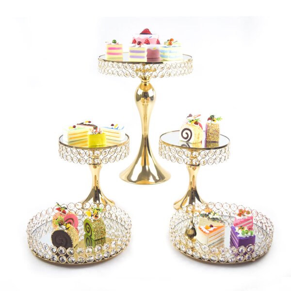 White Three Layer Round Metal Cake Stand with Hanging Crystals 15-Inch
