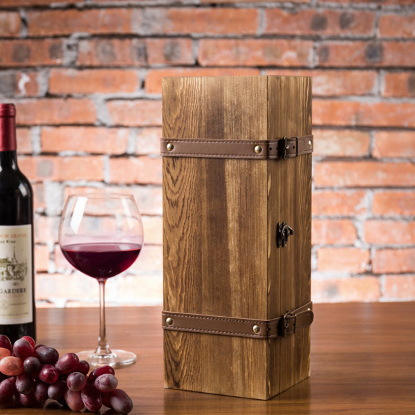 MyGift Dark Torched Wood Double Bottle Wine Case Brown Top Handle Hinged Lid Carrier 