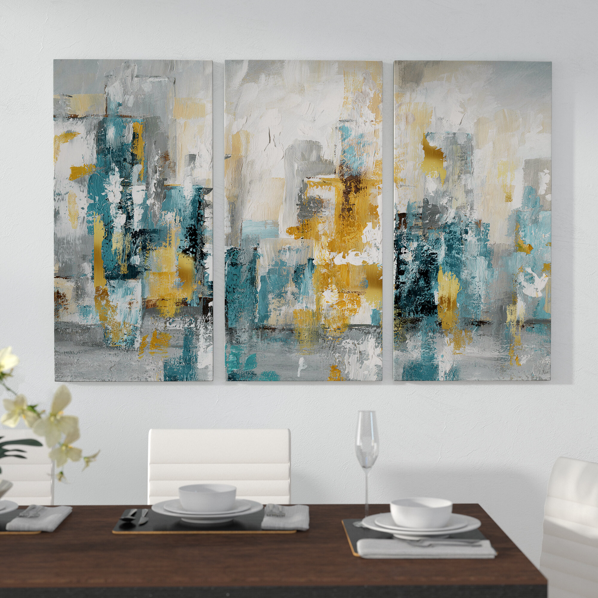 Contemporary Original Paintings Set of Two Unframed 12 W x 18 H Blue White Grey & Gold