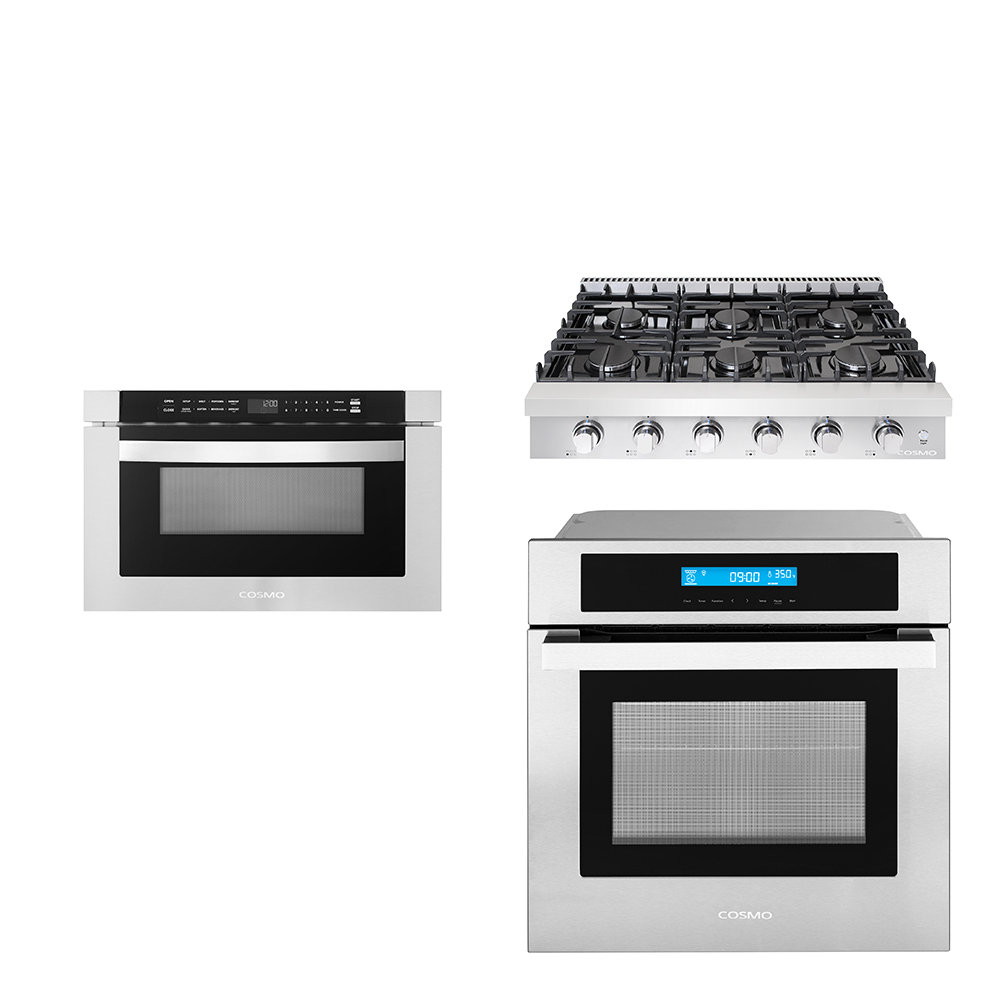 Cosmo 3 Piece Kitchen Appliance Package with 35.88'' Gas Cooktop , Wall