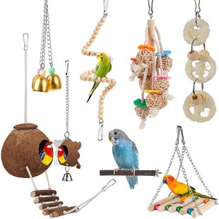 iSbaby Bird Parakeet Toy Bird Cage Hammock Natural Coconut Hideaway with Ladder Swing Chewing Hanging Bell Toy with Mirror for Parrots,Parakeet,Conure,Cockatiel,Budgerigar,Love Birds,Mynah,Finches 