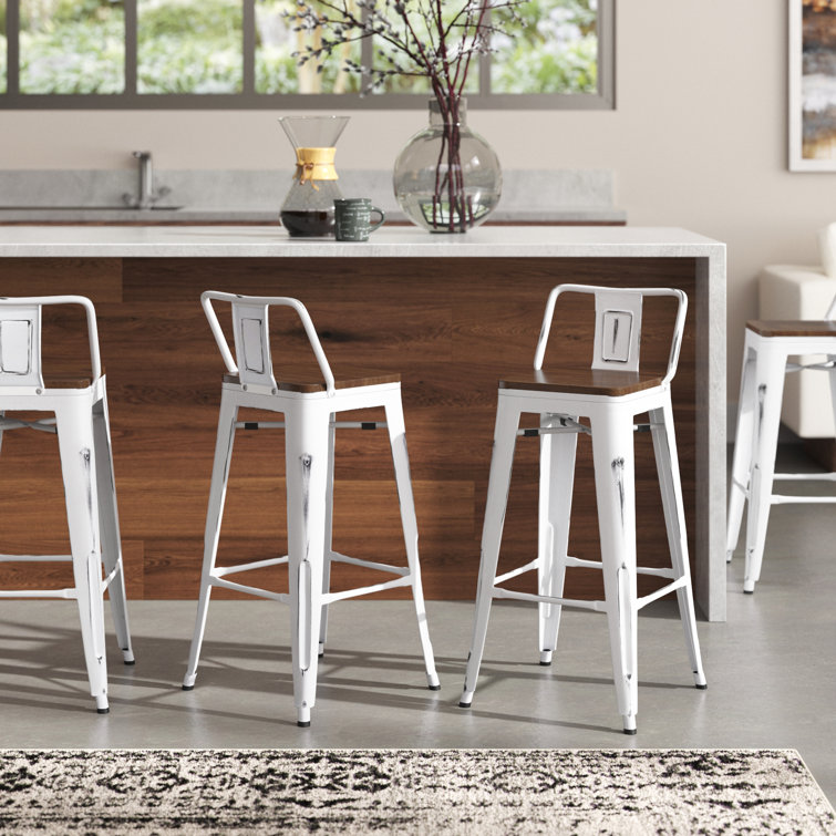 Set of 4 Metal Bar Stool 24" Counter Stools Low Back Barstool Wooden Seat White 