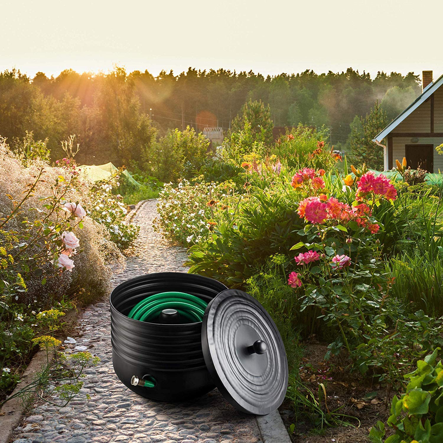 Red Barrel Studio® Ribbed Steel Garden Hose Pot Holder With Lid Black