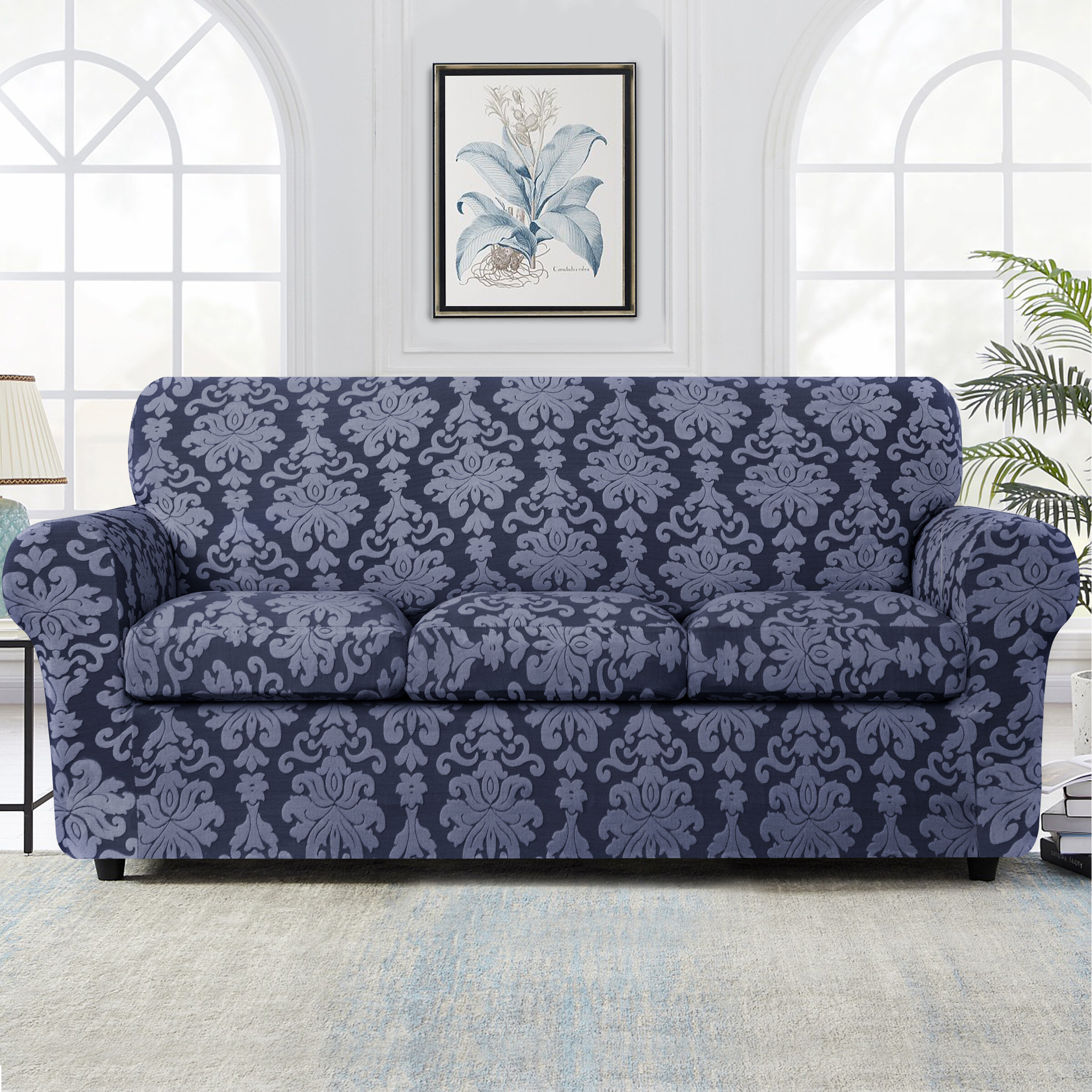 CHUN YI 1 Piece Damask Sofa Cover Stretch Jacquard Couch Covers for Furniture Protector Sofa, Grayish Blue 