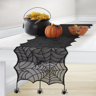 Halloween Decoration Lace Spider Web Table Runner Linens Orange & Black 60"x24" 