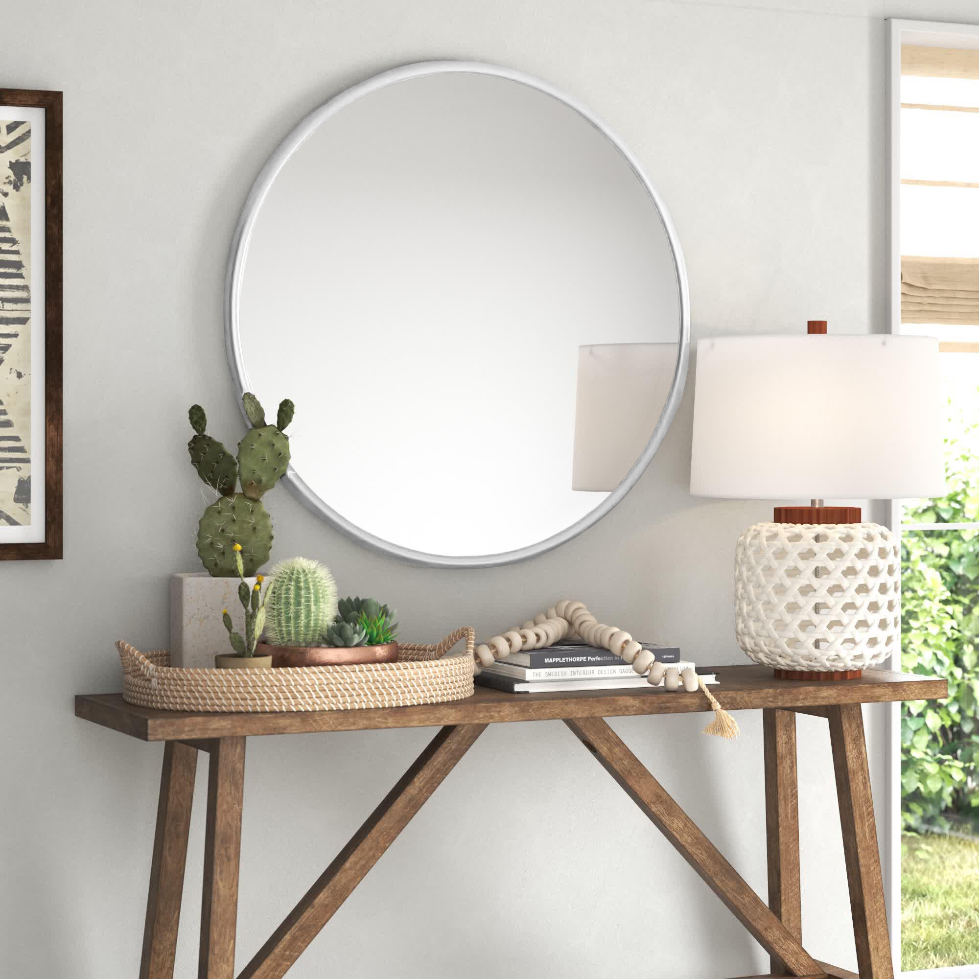24" Round Rustic Metal & MDF Glass Mirror w Pleated Metal Frame Design NEW 