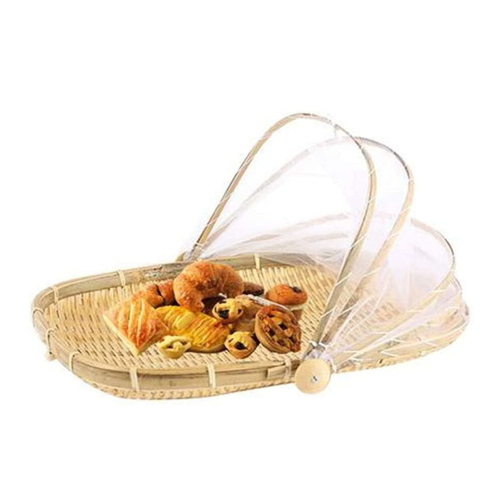 Details about   Bamboo Basket Tent Hand-woven Tray Anti Bug Food Fruit Container Net Mesh Cover 