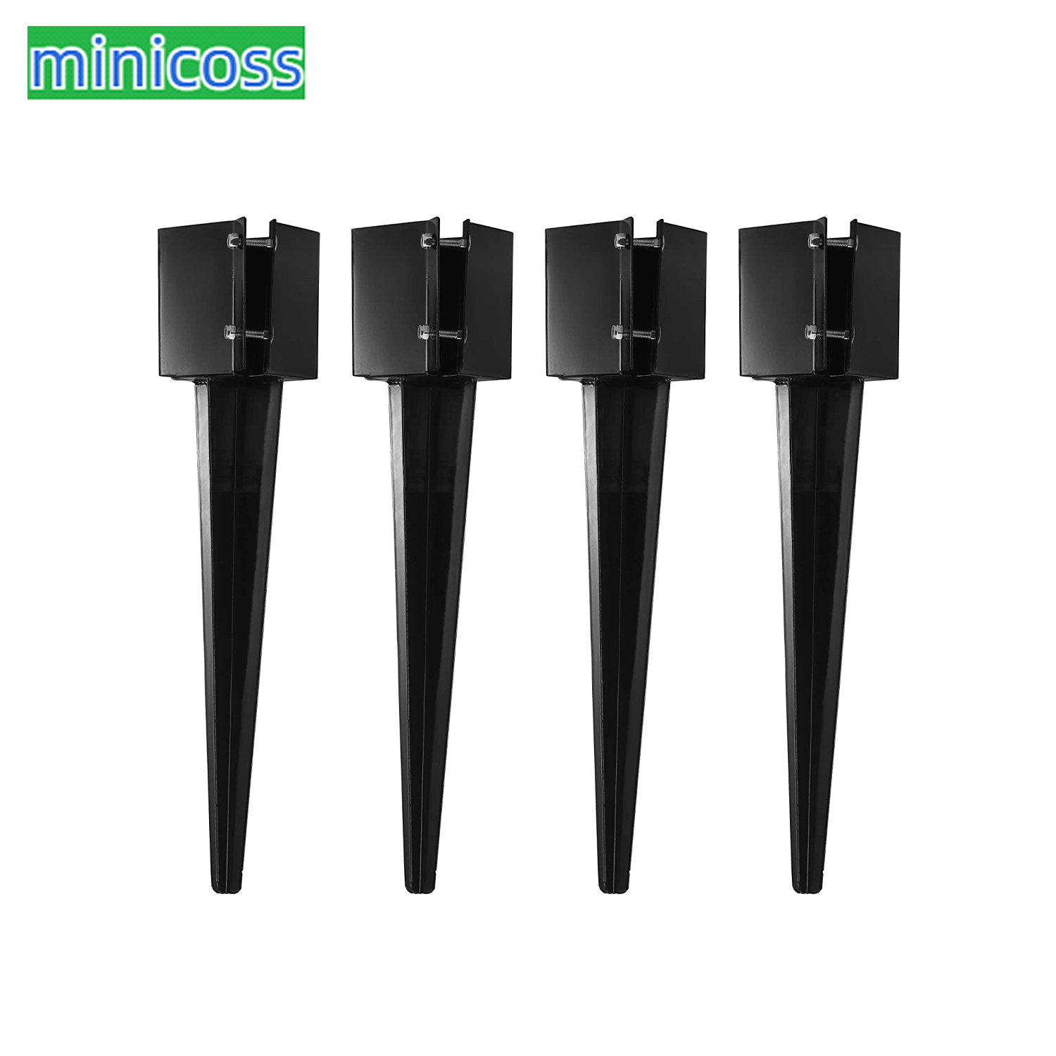 Fence Post Anchor 4''x4'', Heavy Duty Metal Fence Post Anchor Ground Spike 24''x4''x4'' For Fence, Mailbox, Bird Feeder, Decking, Banner, With The Black Powder Coating Cover On The Surface (Set 1