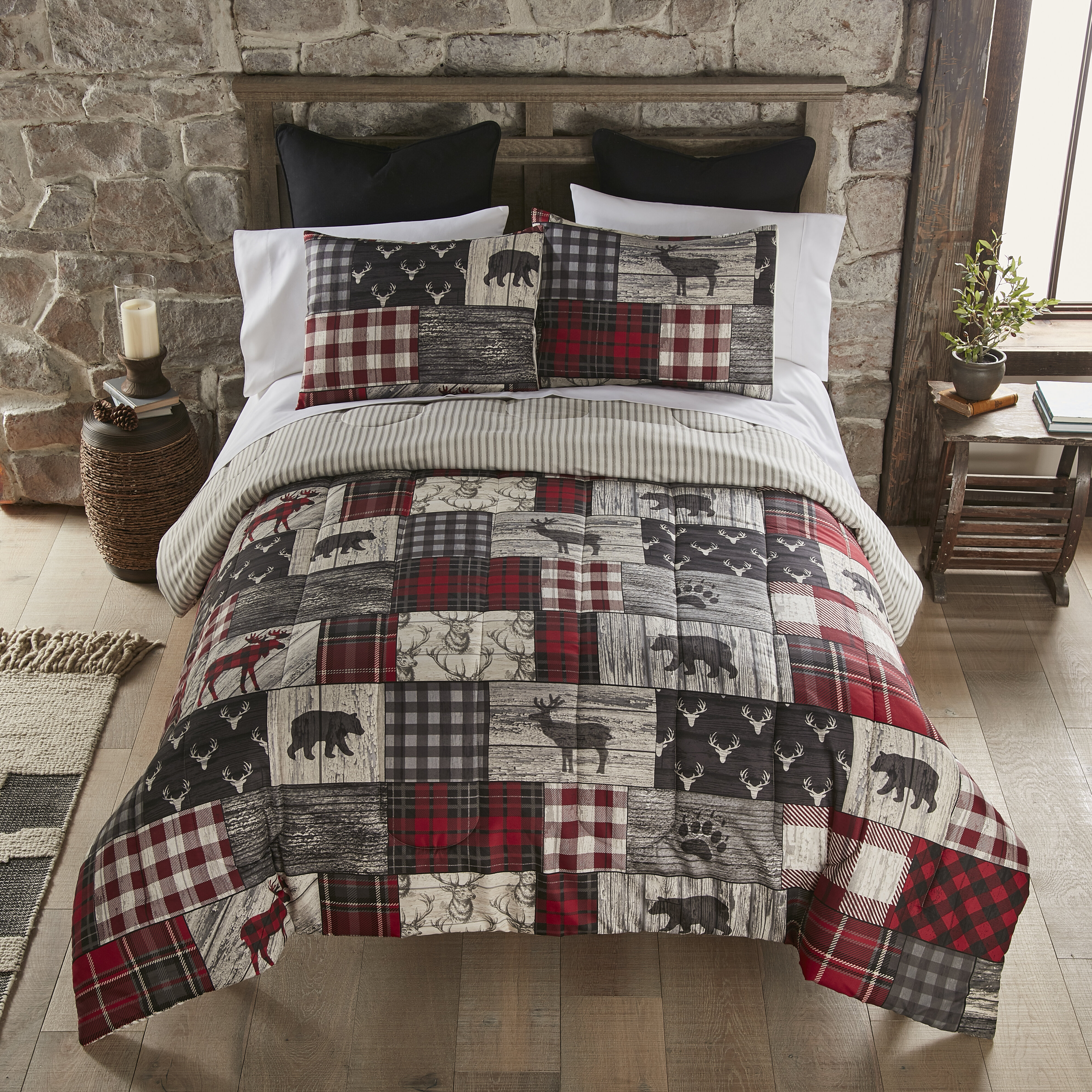 COUNTRY CABIN GRAY BLACK RED CABIN GREY MOUNTAIN STAR 3pc King ** QUILT SET 