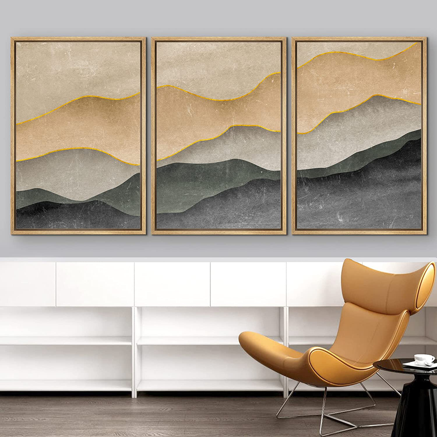 IDEA4WALL Framed Wall Art Print Set Tan Black Mountain Valley Gradient