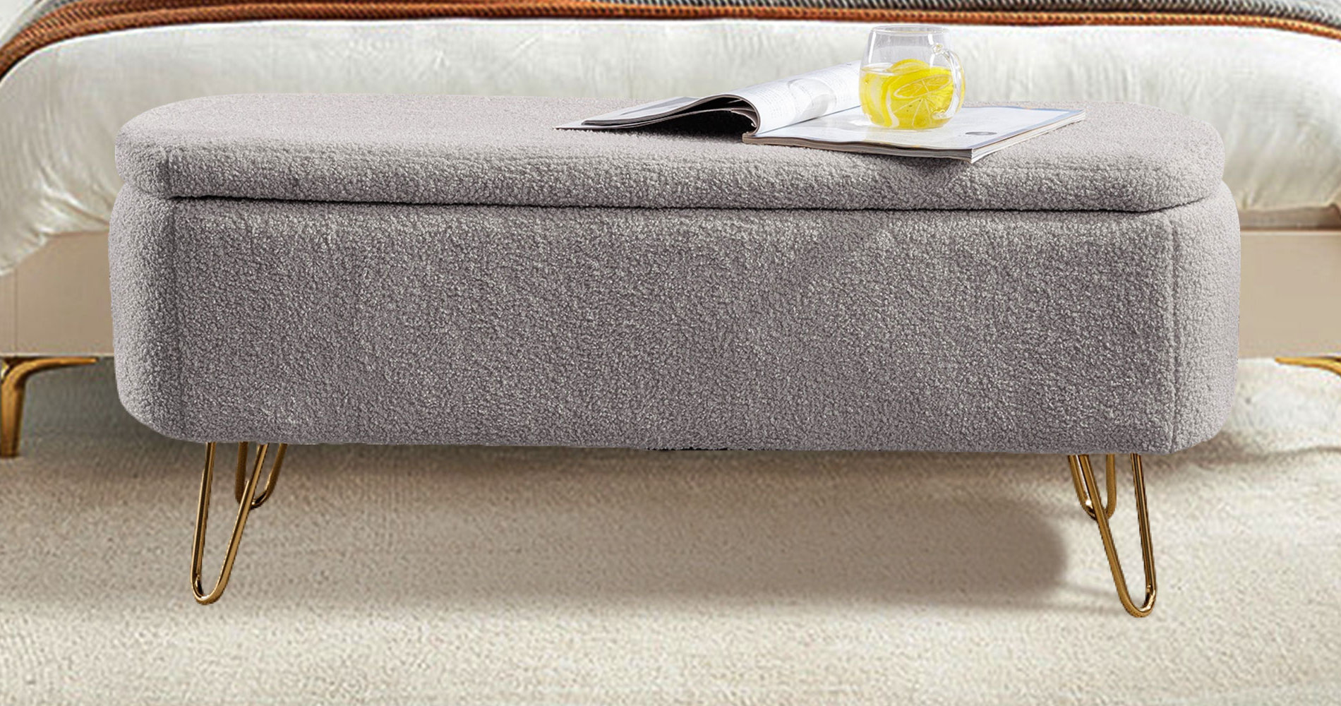 Mercer41 Storage Bench, Faux Fur Ottoman Bench With Gold Legs