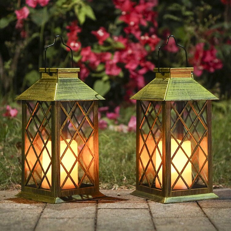 Set of 2 13" Vintage Style Decorative SOLAR Lantern,Flickering Flame Effect LED 