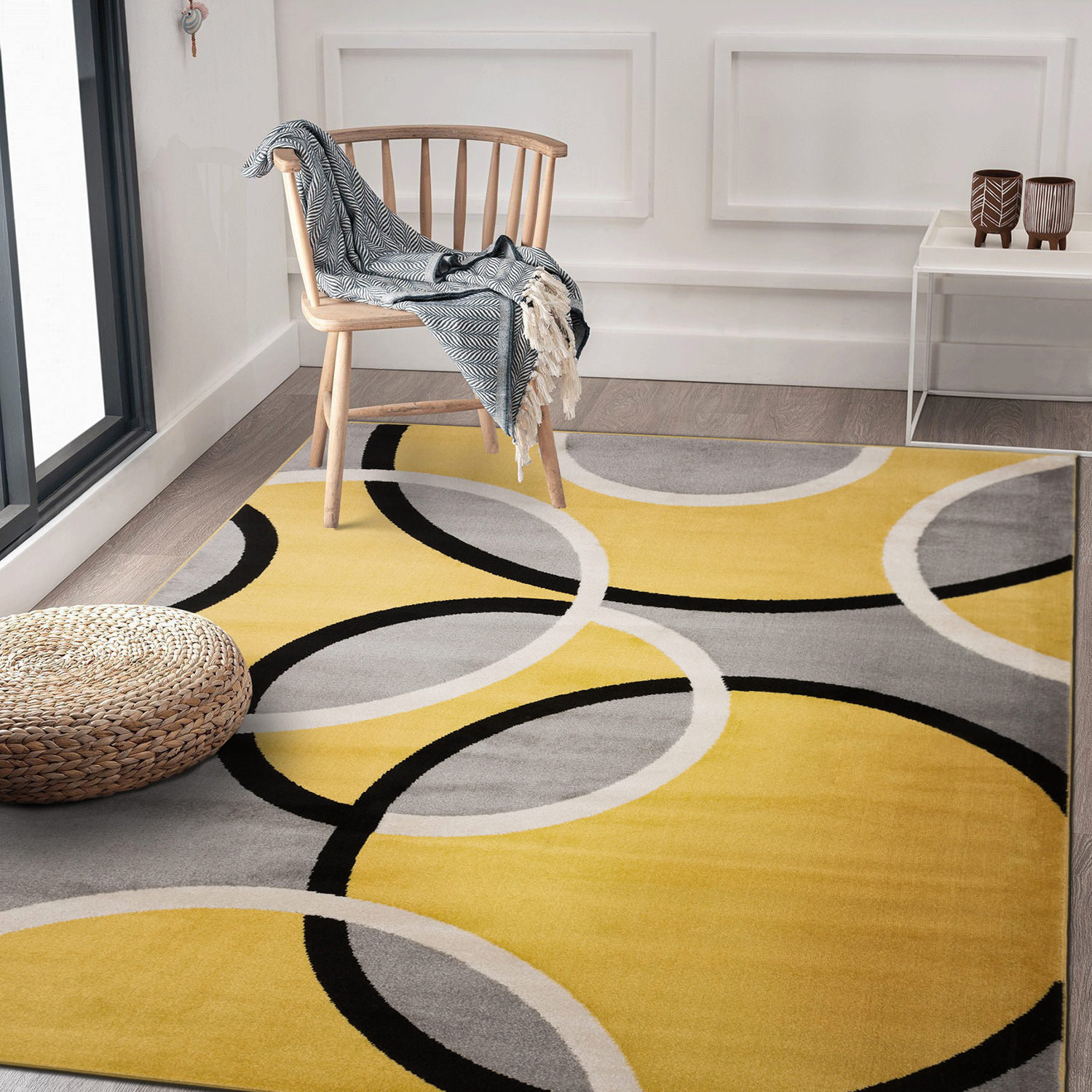 Ochre Yellow Grey Geometric Flatweave Rug Durable Thin Washable Living Room Rugs 