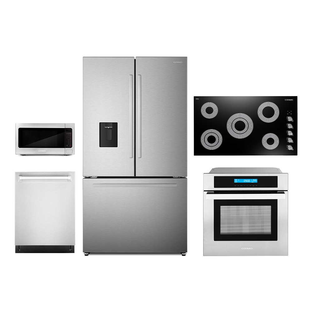 Cosmo 5 Piece Kitchen Appliance Package with French Door Refrigerator , 36'' Electric Cooktop