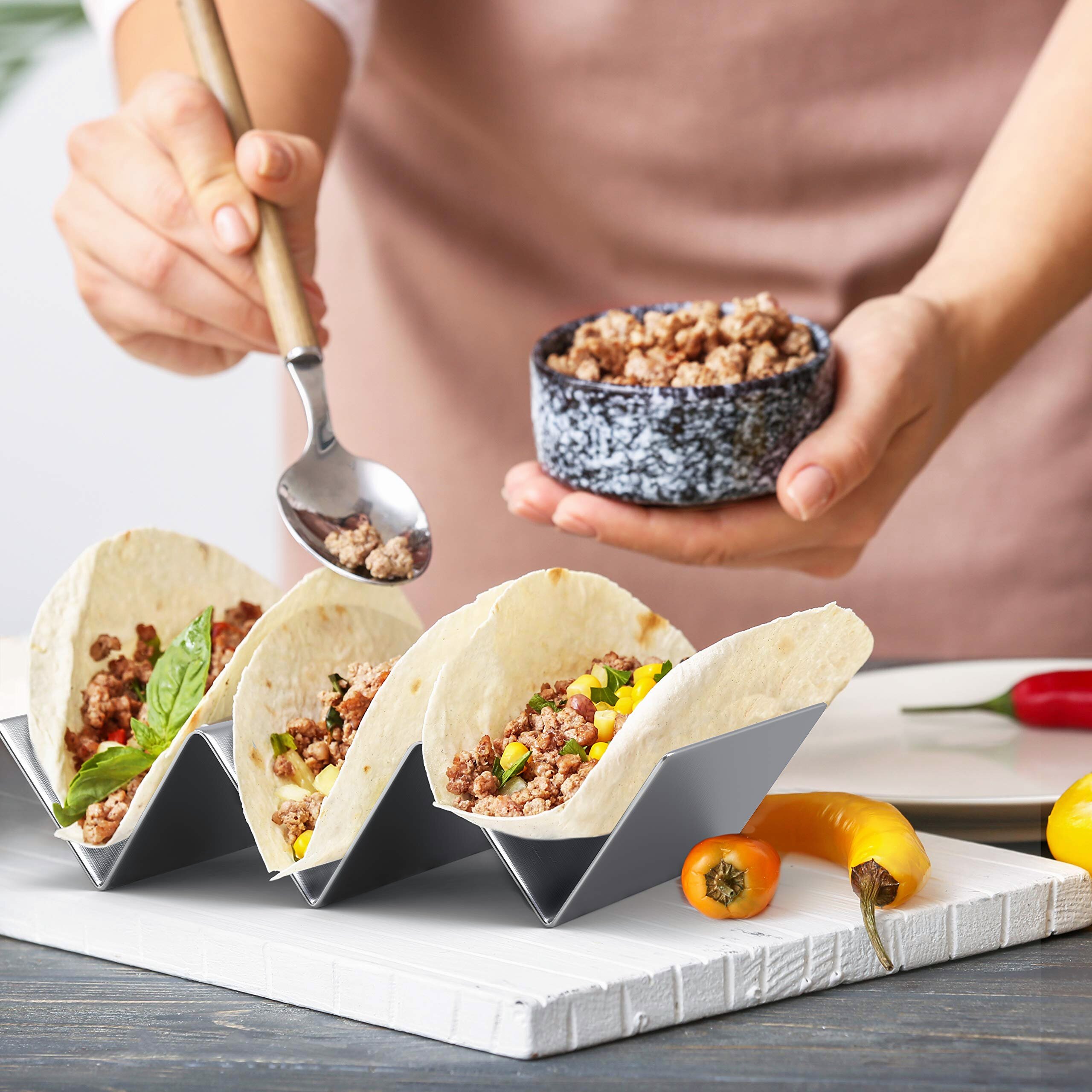 2 Pack Premium Taco Holder Stands,Stainless Steel Taco Holds Up To 4 or 5 Tacos Each as Rack,Oven Safe for Baking,Dishwasher and Grill Safe，Racks Hold Soft & Hard Shell Tacos，Easy To Fill Taco Rack 