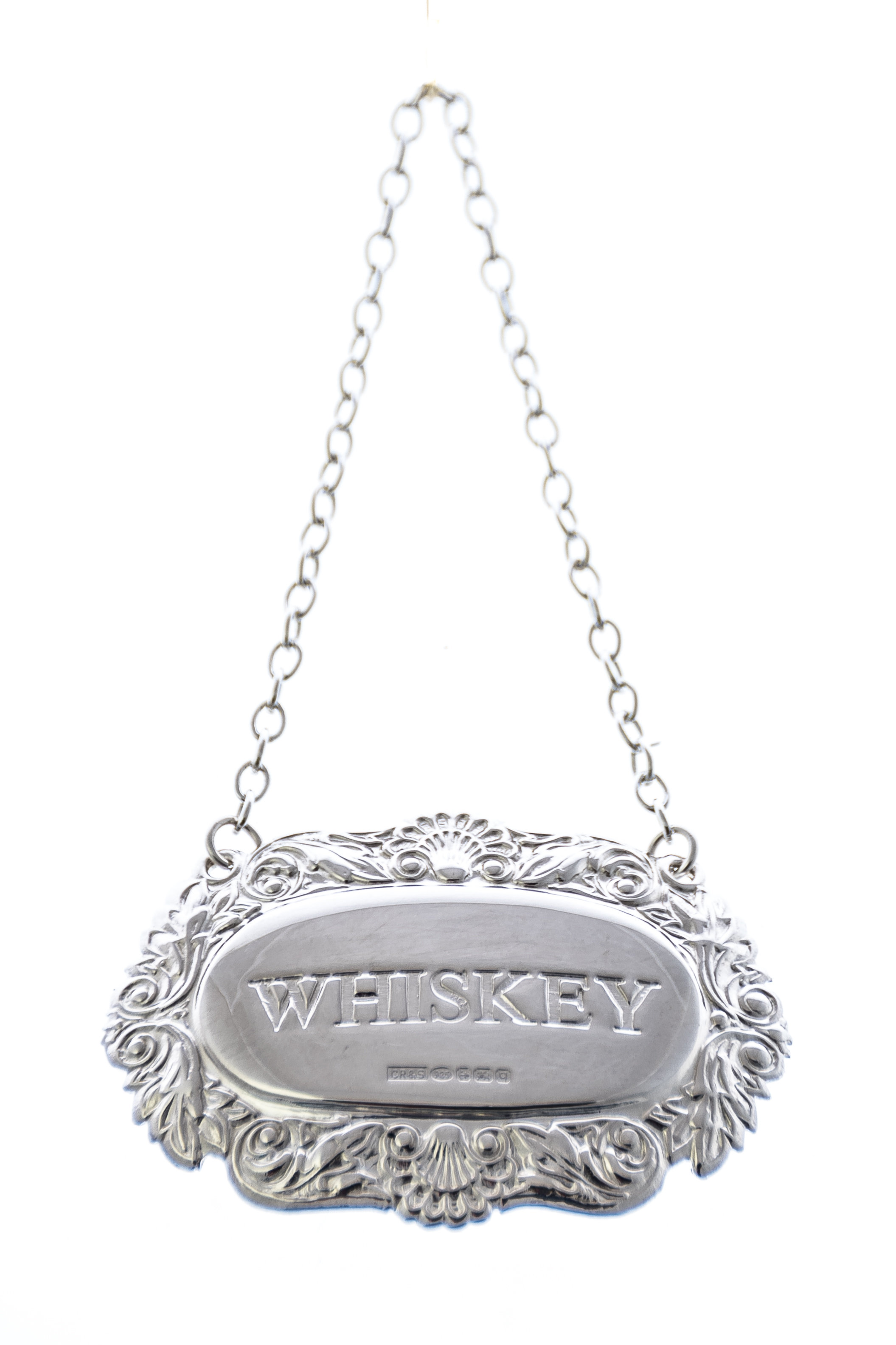 Corbell Silver Company Decanter LabelWhiskey Fancy Shell and Scroll