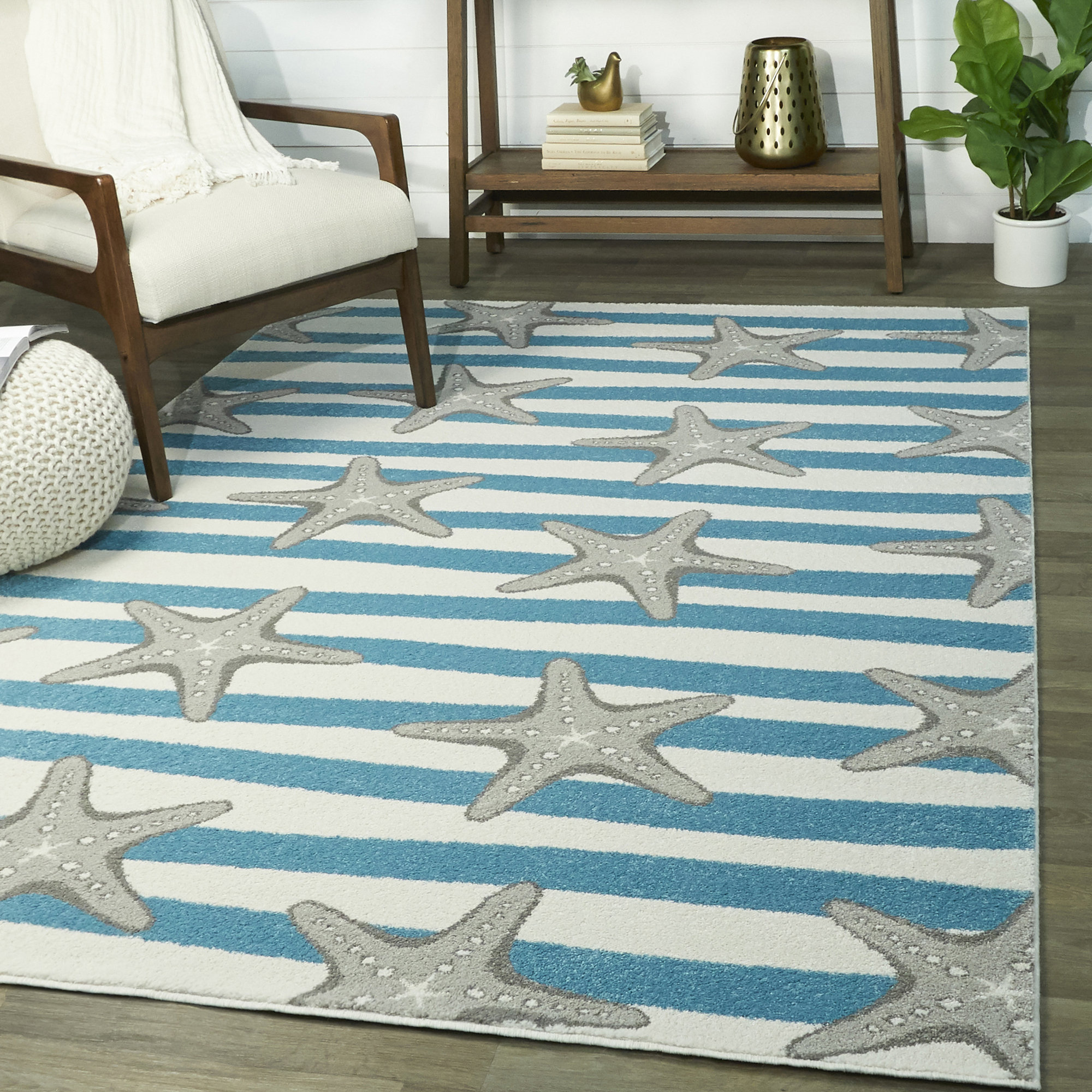 Highland Dunes Westberry Striped Coastal Starfish Blue Area Rug