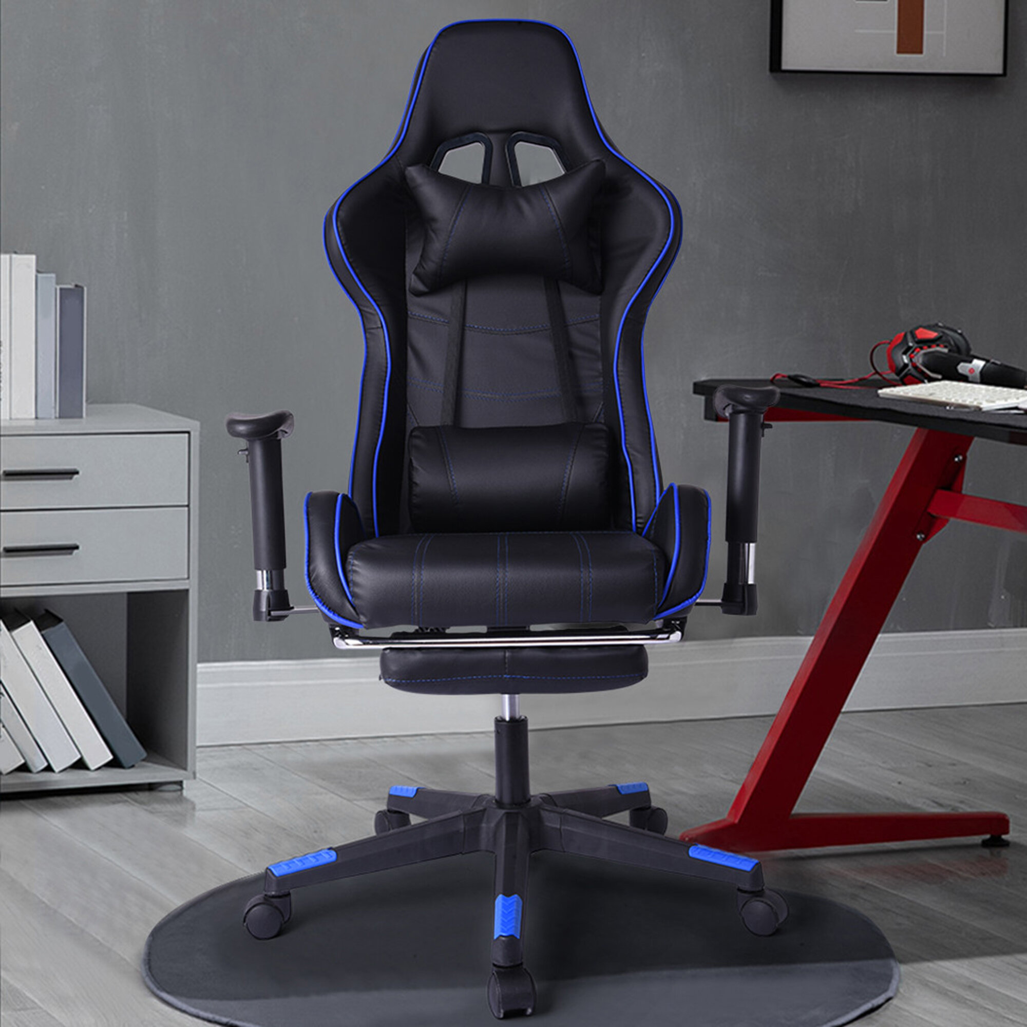 400 LBS GAMING CHAIR COMPUTER LEATHER HIGH BACK RECLINER OFFICE footrest blue PC 