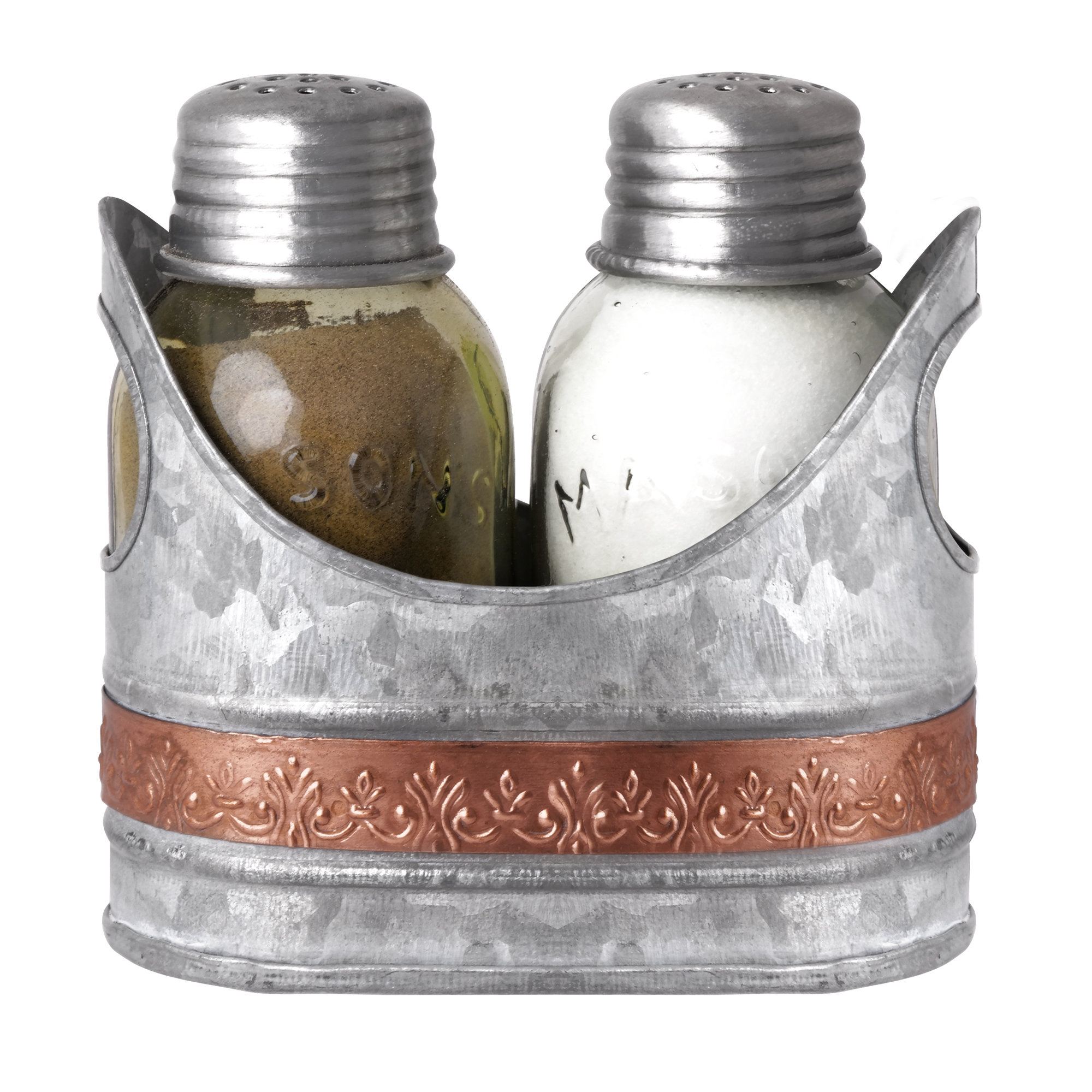 Autumn Alley Gavanized Salt & Pepper Caddy with Embossed Copper BandMini Mason Jar Shakers