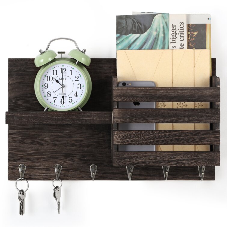 Keys 2-Slot Mail Organizer and Key Holder for Wall Magazines Rustic Mail Organizer Wall Mounted Entryway Wall Organizer Key Hanger for Letter Wood Mail Holder with 4 Key Hooks Leashes 
