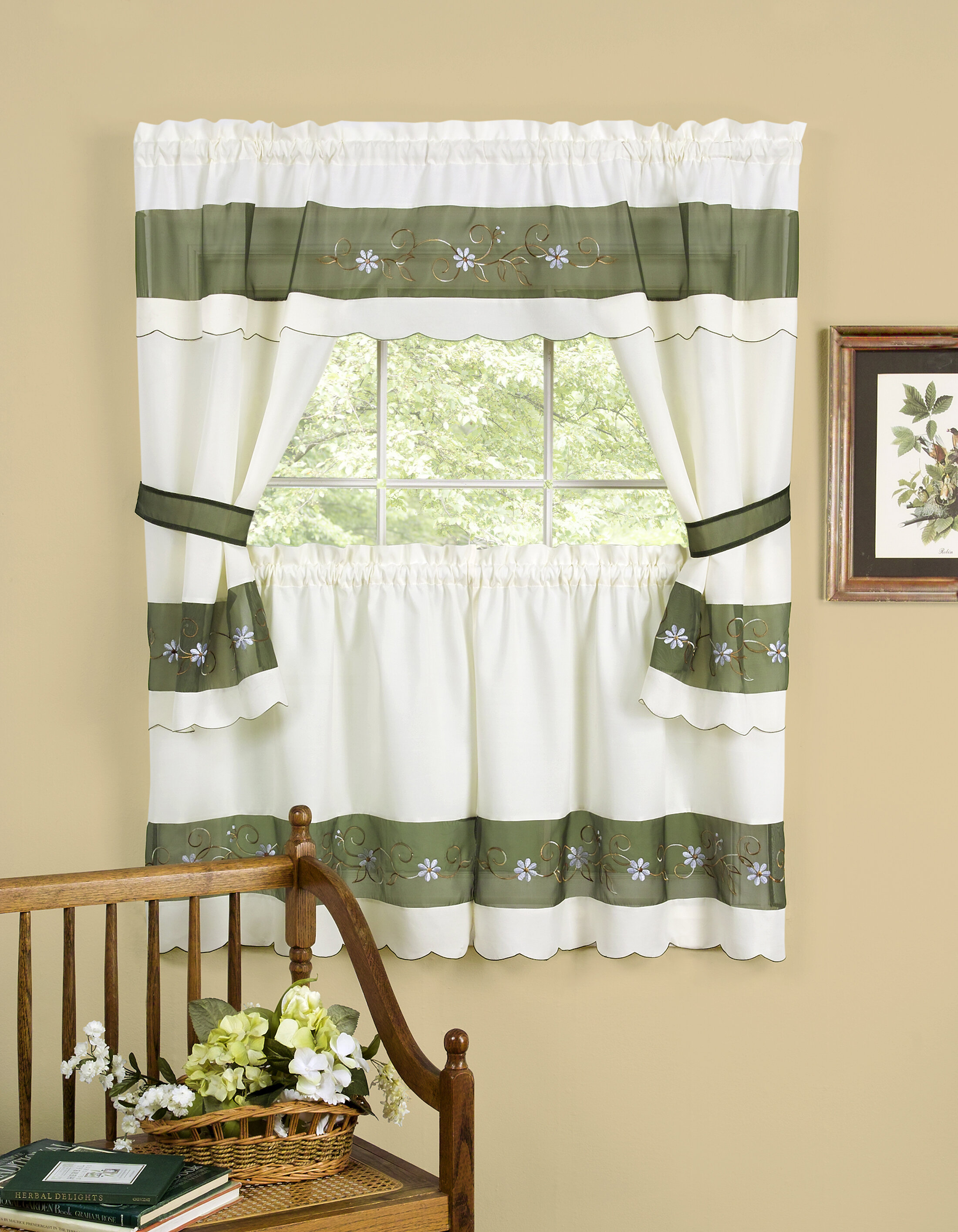 Small Panels and Valance/Swag Embellished Window Floral Kitchen Curtain Set 