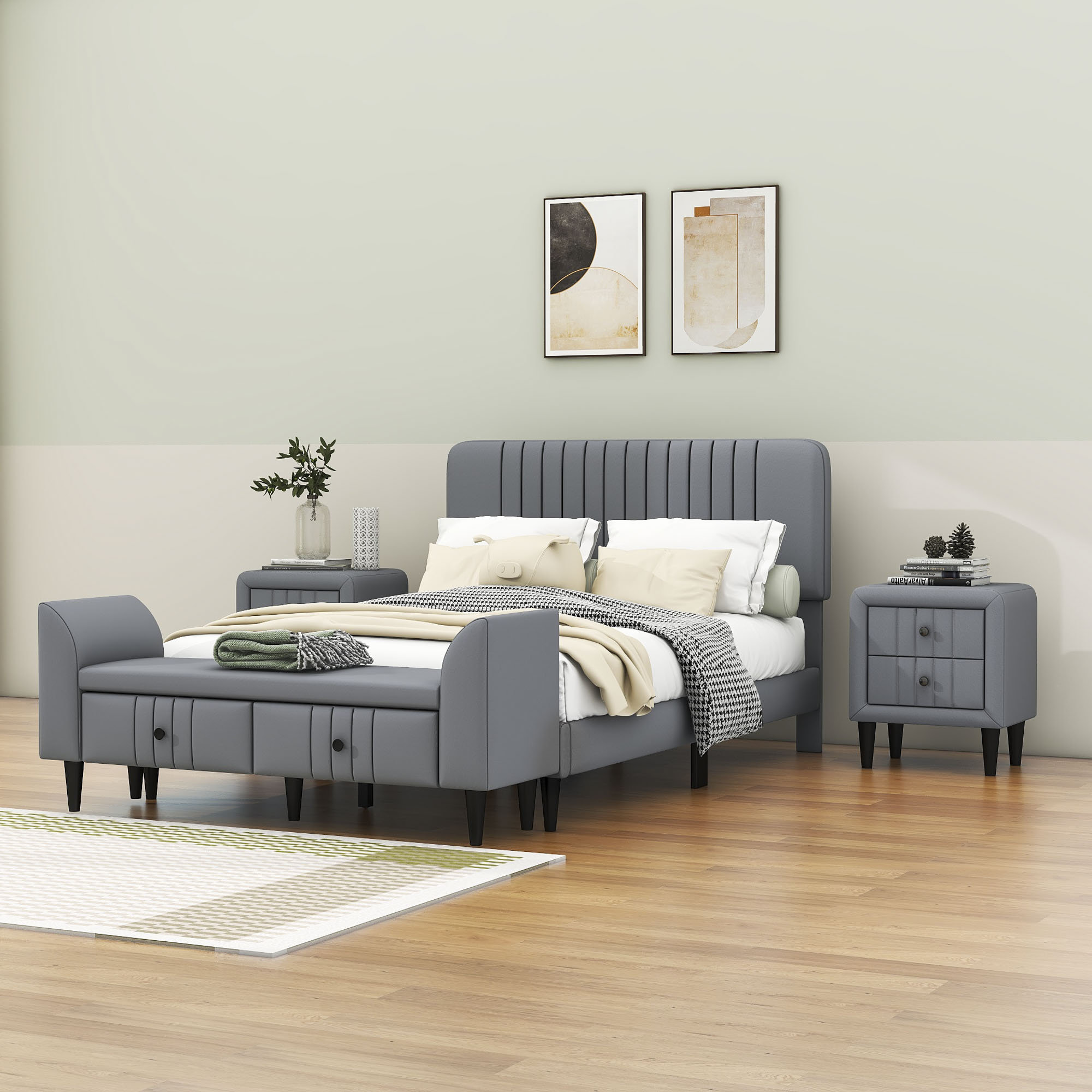 Ebern Designs 4Pieces Bedroom Sets Upholstered Platform Bed With