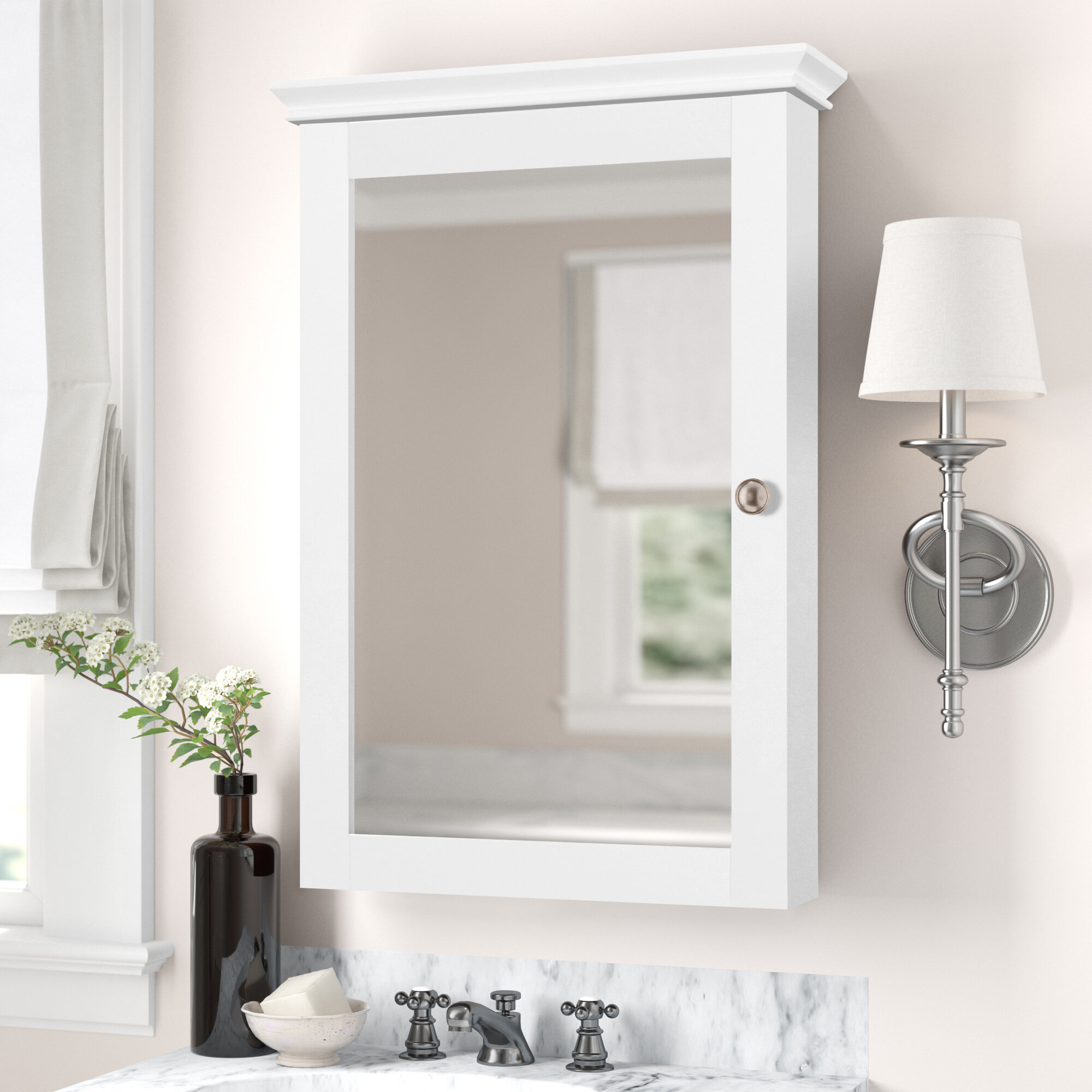 Bathroom Mirror Cabinet Single Door Stainless Steel Corner Mounted Pre-Assembled 