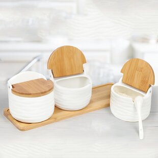 Tray and Spoons Round Condiment Modern Design Porcelain Jar for Sugar Bowl Serving Tea Coffee Spice Home Set of 3 Lecone Ceramic Sugar Spice Containers Porcelain Jar with Bamboo Lids 