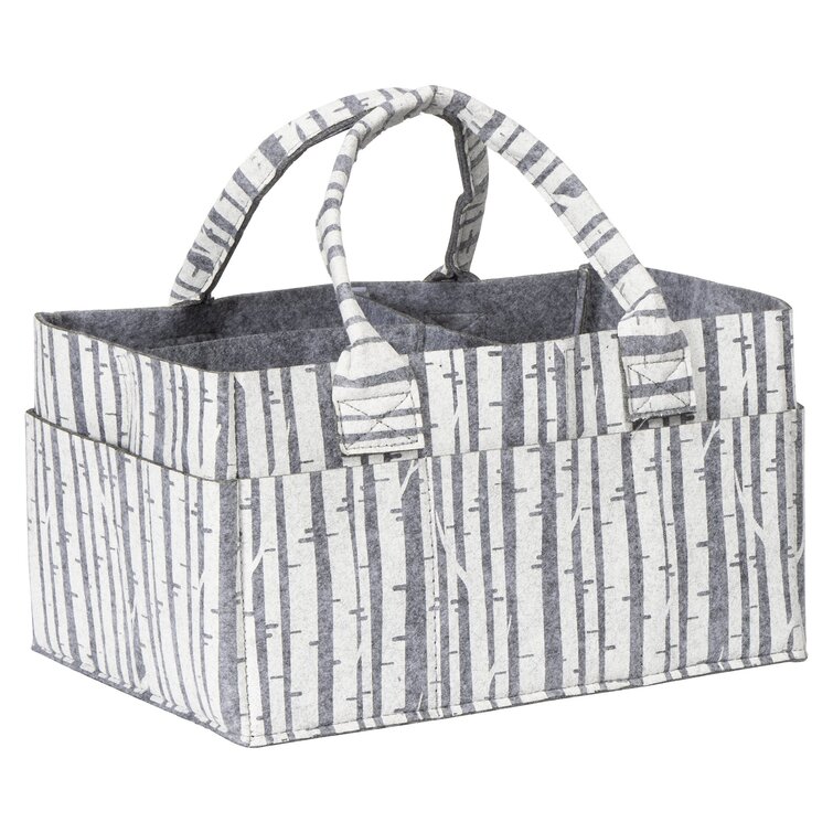 Portable Tote Bag Storage Basket for Boy & Girl Nursery Organization Baby Diaper Caddy Organizer White & Light Gray 100% Cotton Baby Basket Bin with Removable Divider 