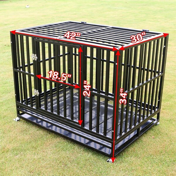 42" Heavy Duty Metal Rolling Dog Cage Crate Kennel Pet House with Tray & Wheels 