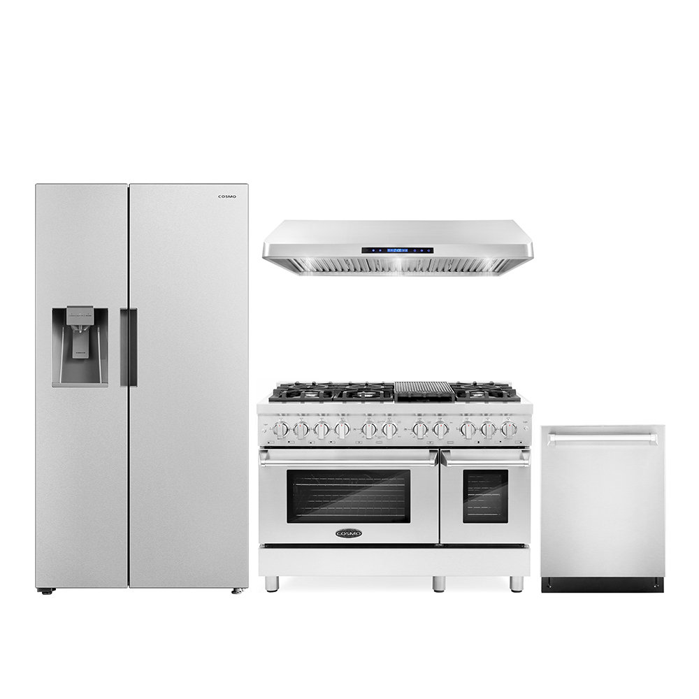 Cosmo 4 Piece Kitchen Appliance Package with Side By Side Refrigerator