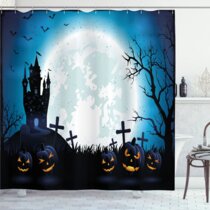 Details about   Halloween Night Moon Haunted House Cemetery Waterproof Fabric Shower Curtain Set 