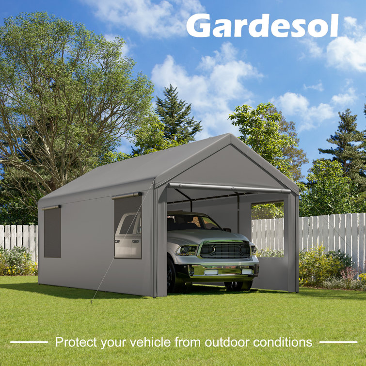 Boat Gray 10'x 20' Heavy Duty Carport with Roll-up Ventilated Windows Car Canopy with All-Season Tarp Gardesol Carport Truck Portable Garage with Removable Sidewalls & Doors for Car 