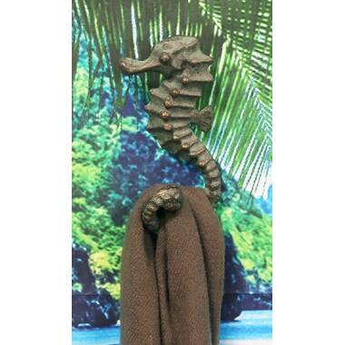 Coastal Marine Ocean Seahorse Brass Wall Hooks Coat Hanger Sculpture Set Of 2 