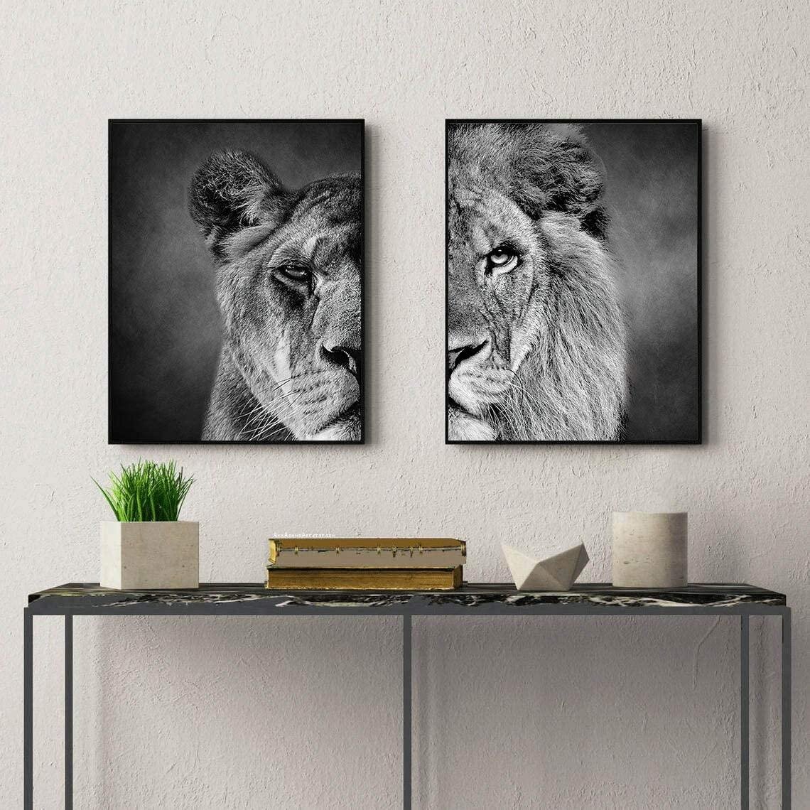 Lion & Lioness Head to Head Female Black and WhitePrinted Canvas Wall Art 