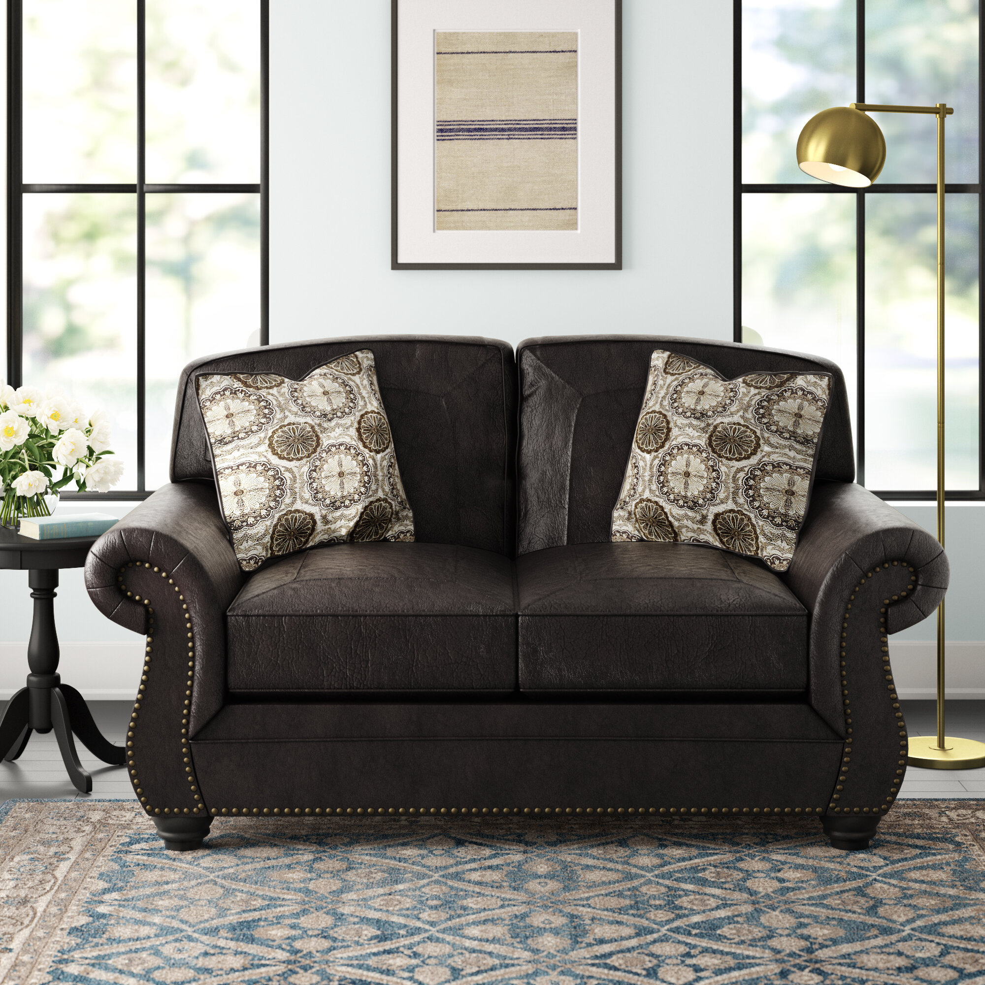 Mooreland 67” Faux Leather Rolled Arm Loveseat with Reversible Cushions