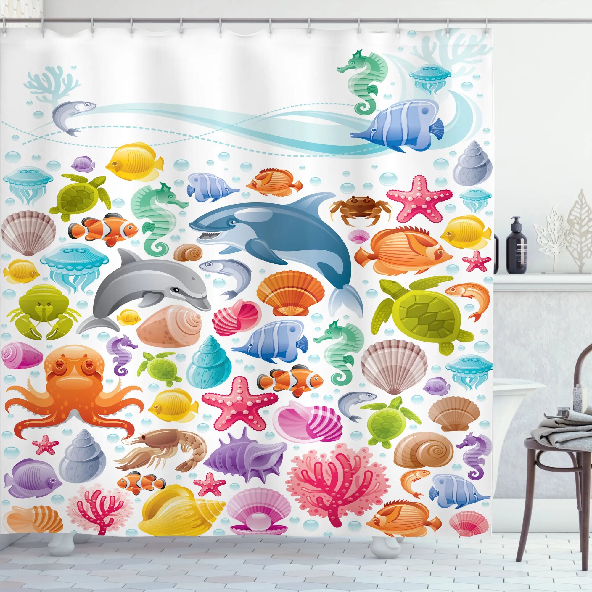 Fish Shower Curtain Colorful Sea Creatures Fabric 100% Polyester Adorable NEW 