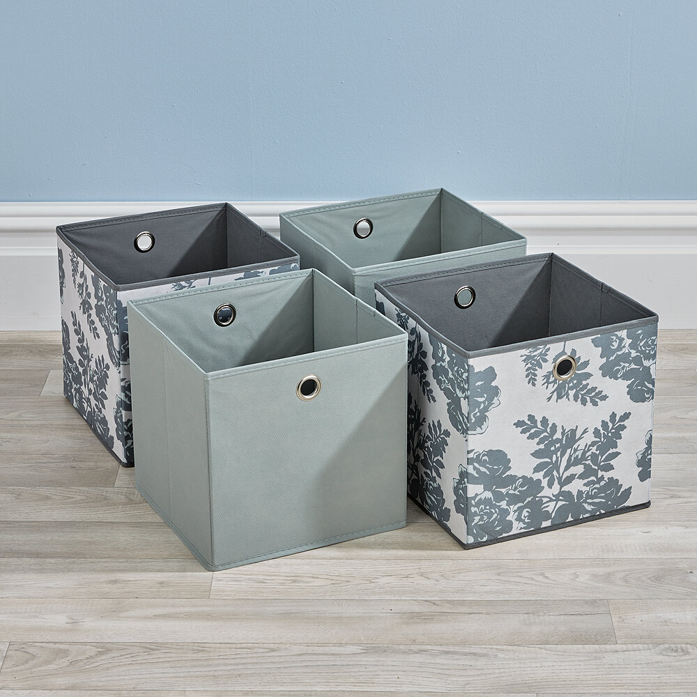 Folding 2 Grey 2 Floral Square Storage Utility Box Fabric Cube 4pc Basket Set 