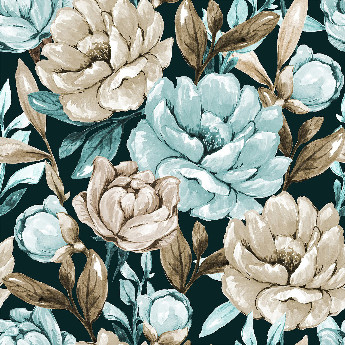 Red Barrel Studio® Dark Wallpaper With Blue And Beige Floral Wallpaper