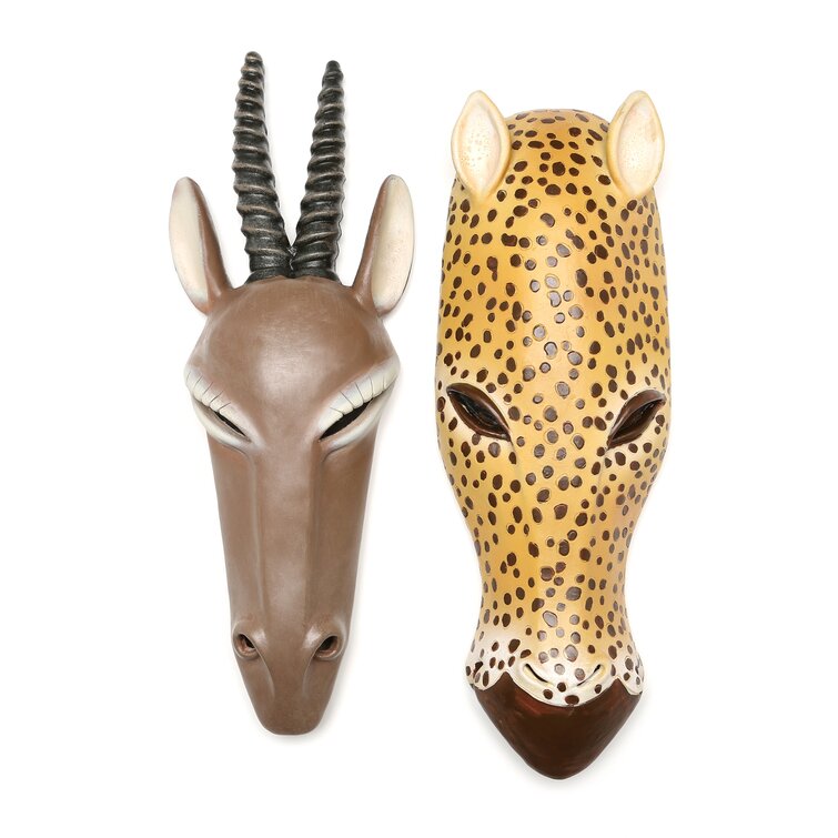 Gemsbok & Jaguar Stylized African Tribal Animal Wall Mask Sculptures Set of 2 