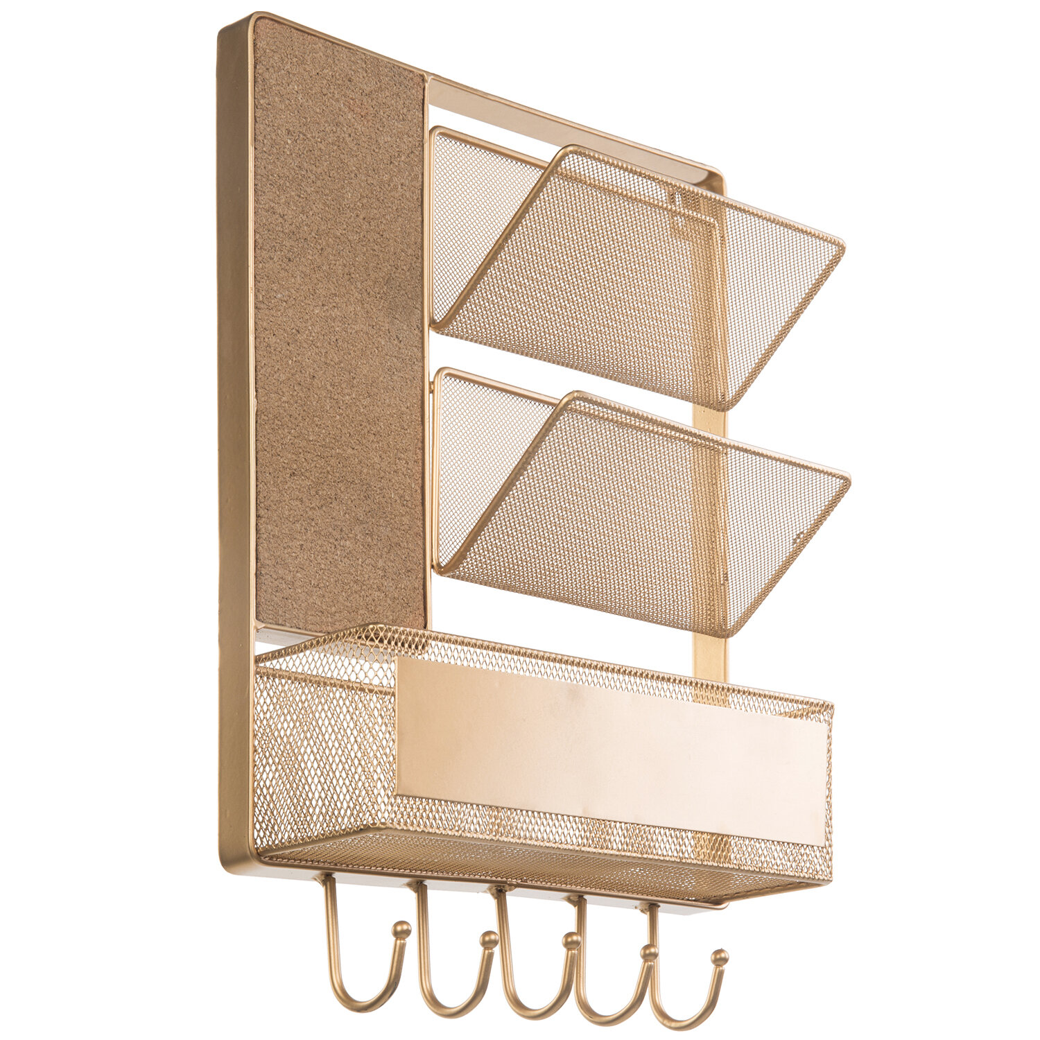 MyGift White Metal Mesh Mail Sorter Wall Rack with Corkboard and 5 Key Hooks 