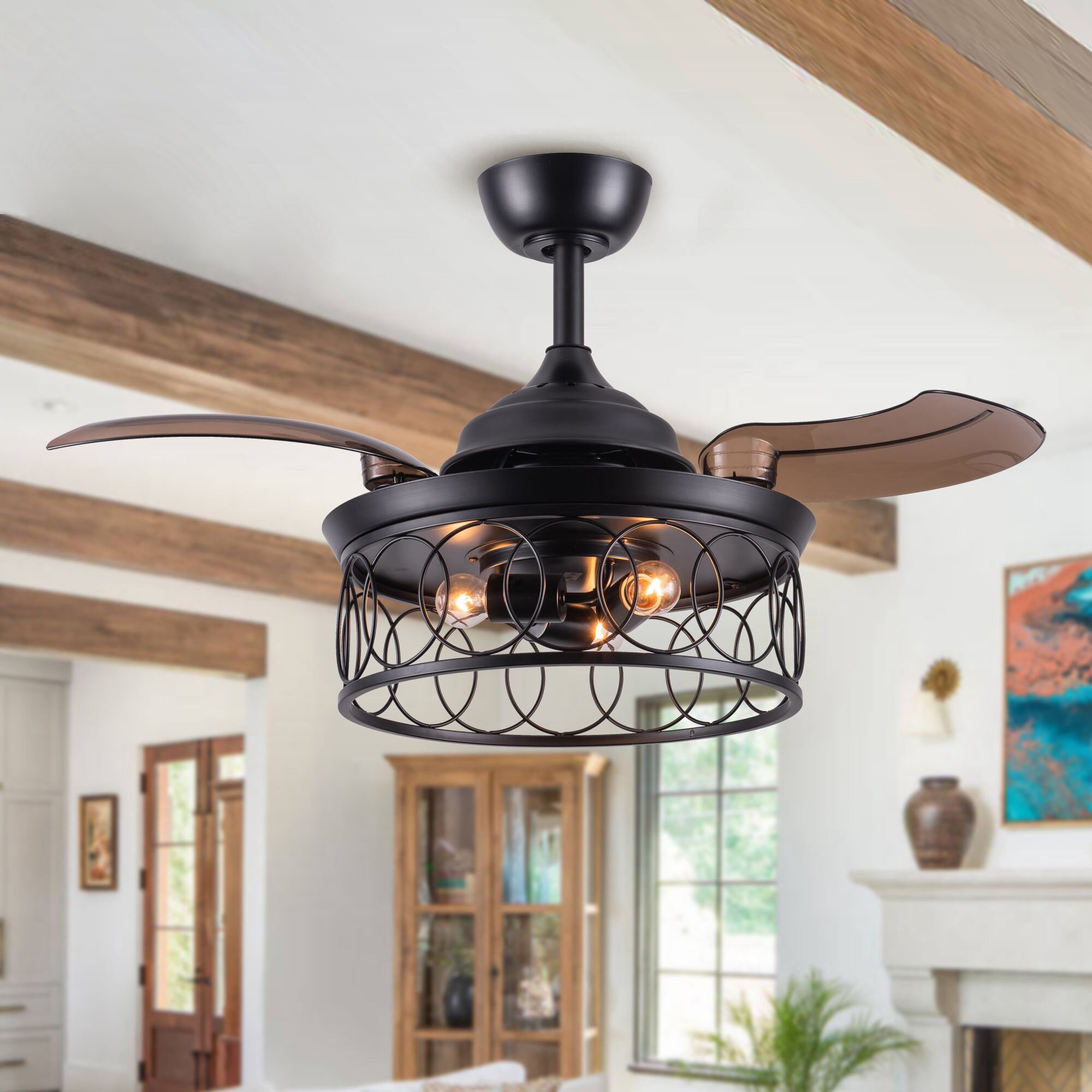 Small Room Ceiling Fan 36" Remote Control LED Light Airflow Speed Matte Black 