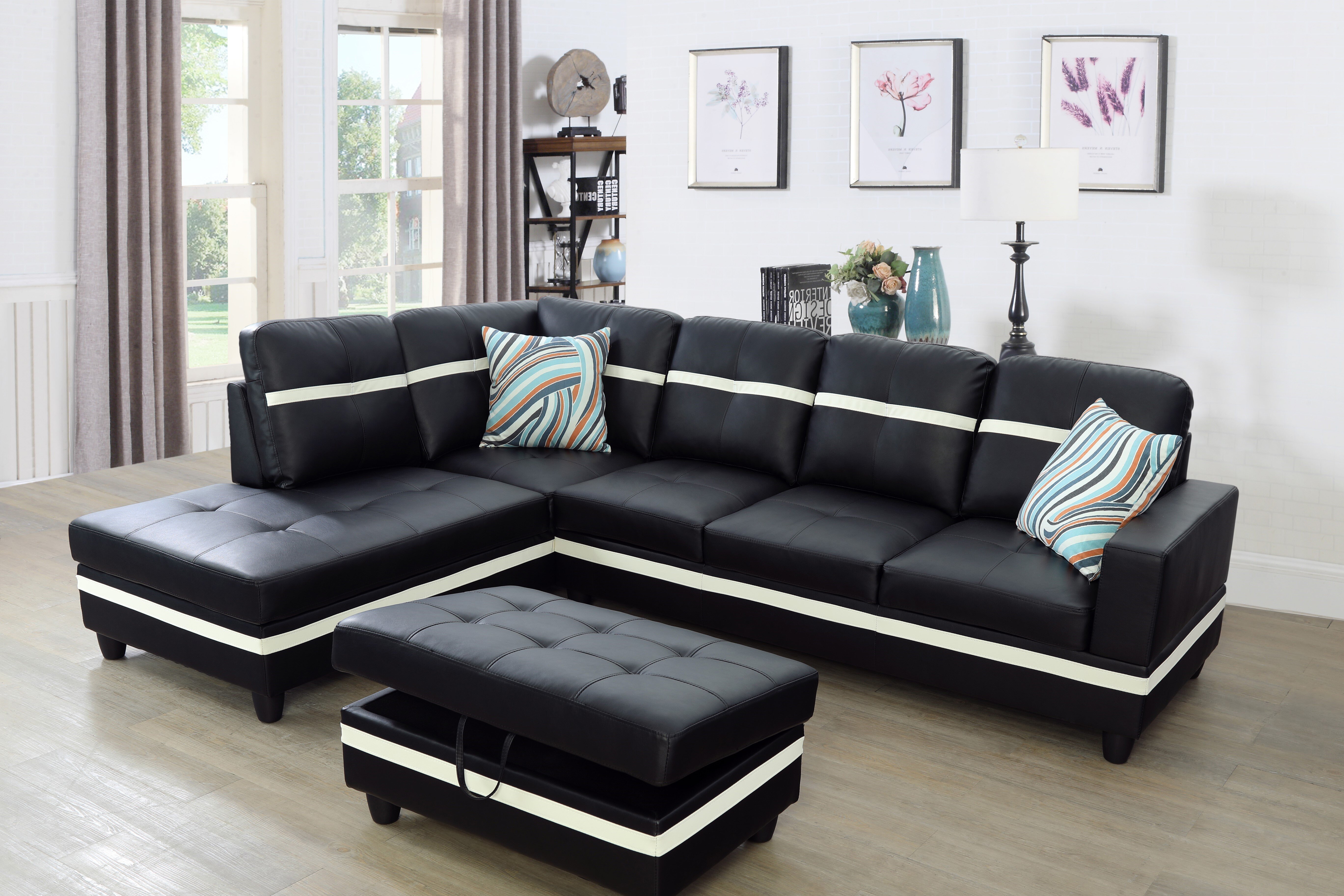 Ellenville 103.5″ Wide Faux Leather Sofa & Chaise with Ottoman